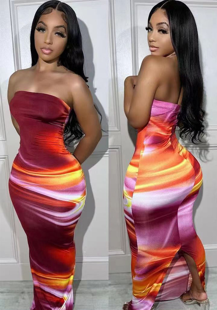 Women's Summer Sexy Off Shoulder Strapless Positioning Print Slit Dress