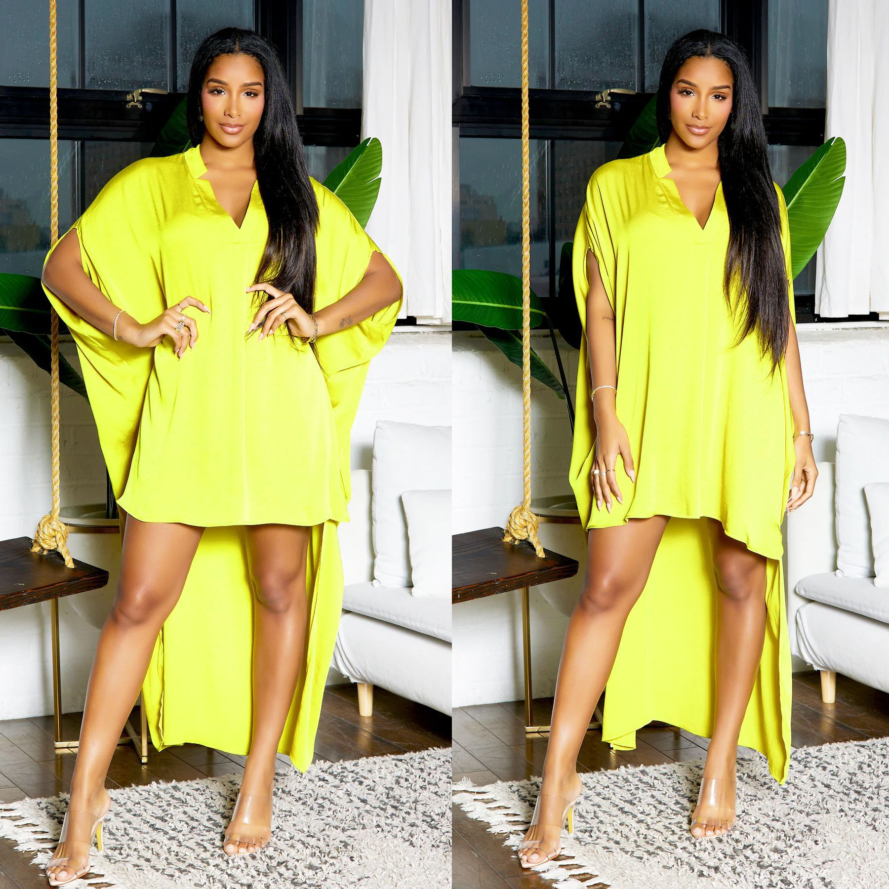 Women's Bat Sleeve V-Neck Fashion Irregular Loose Satin Dress 6