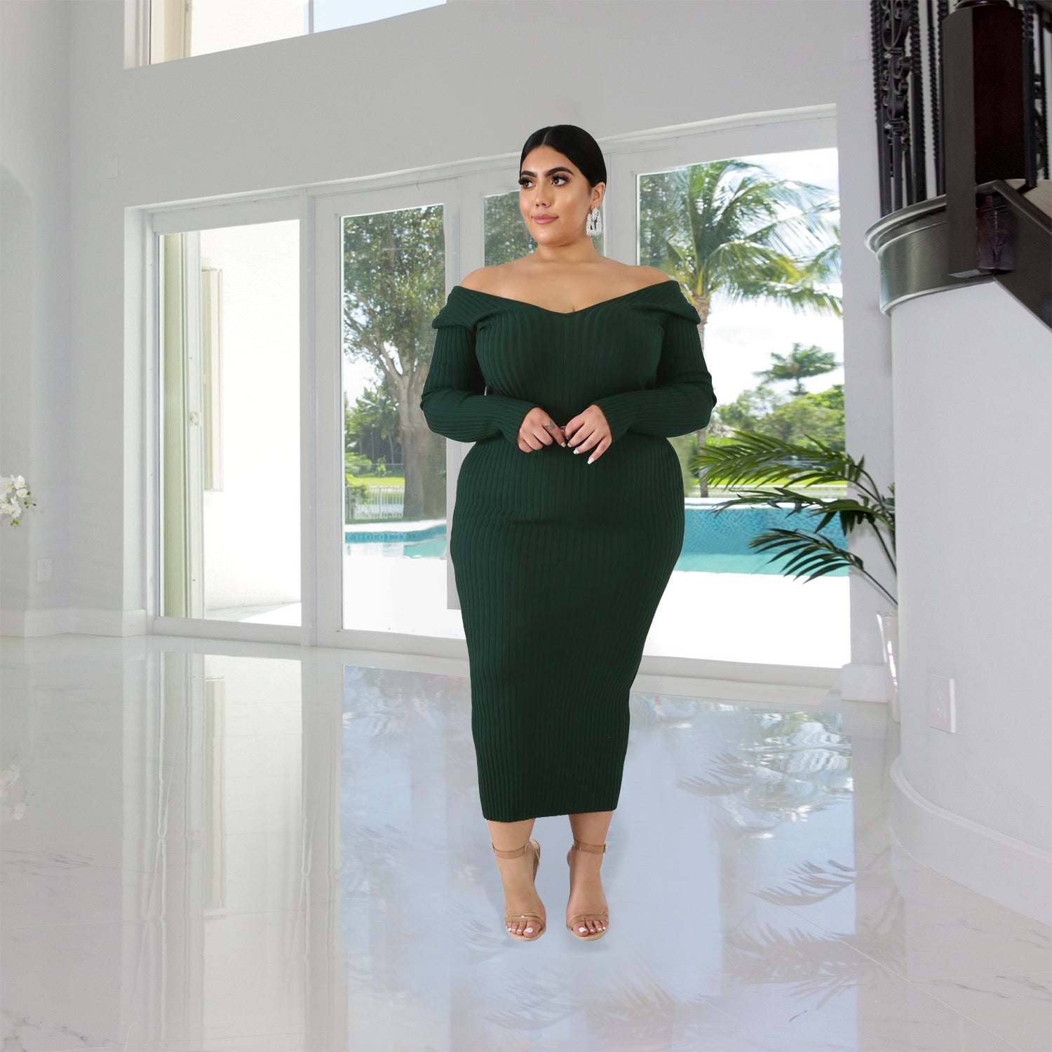 Women Autumn/Winter Solid Long Sleeve Knitting Maxi Dress 8