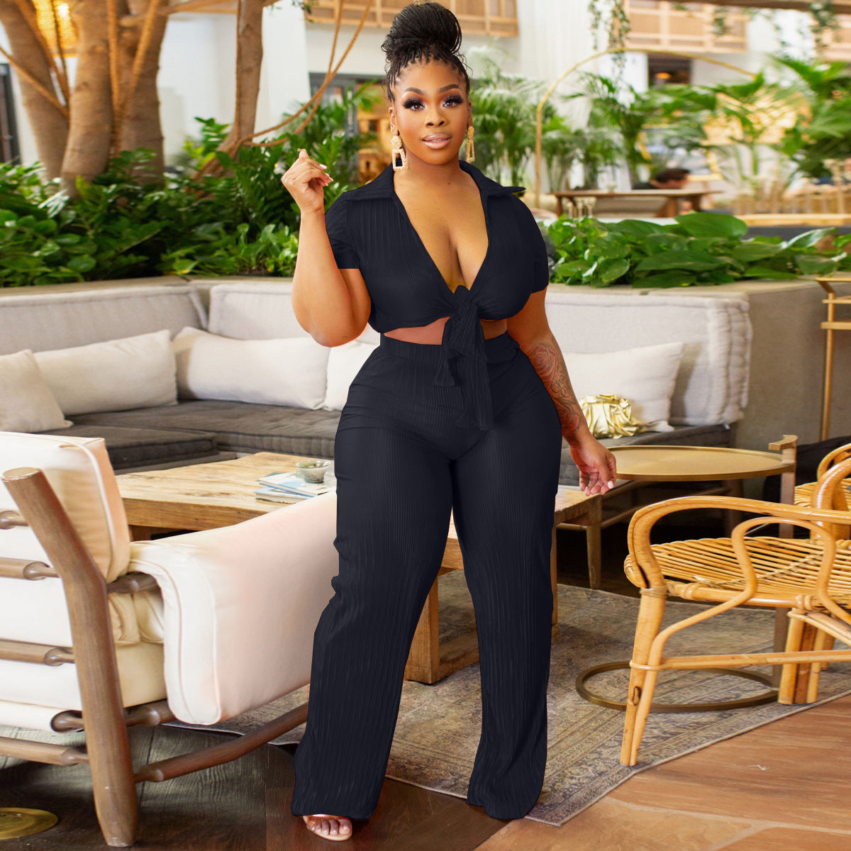 Women Lace-Up Crop Top and Pleated Wide-Leg Pants Two-Piece Set 6