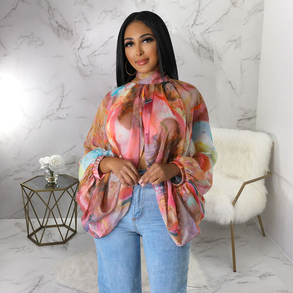 Women's Summer Lace-Up Printed Chiffon Shirt Bat Sleeves Top 6