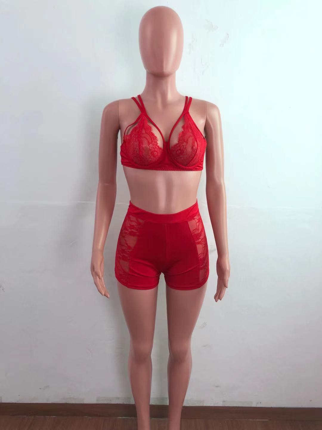 Women Body-fitting Lace Shoulder Strap Lace Two-piece Set 10