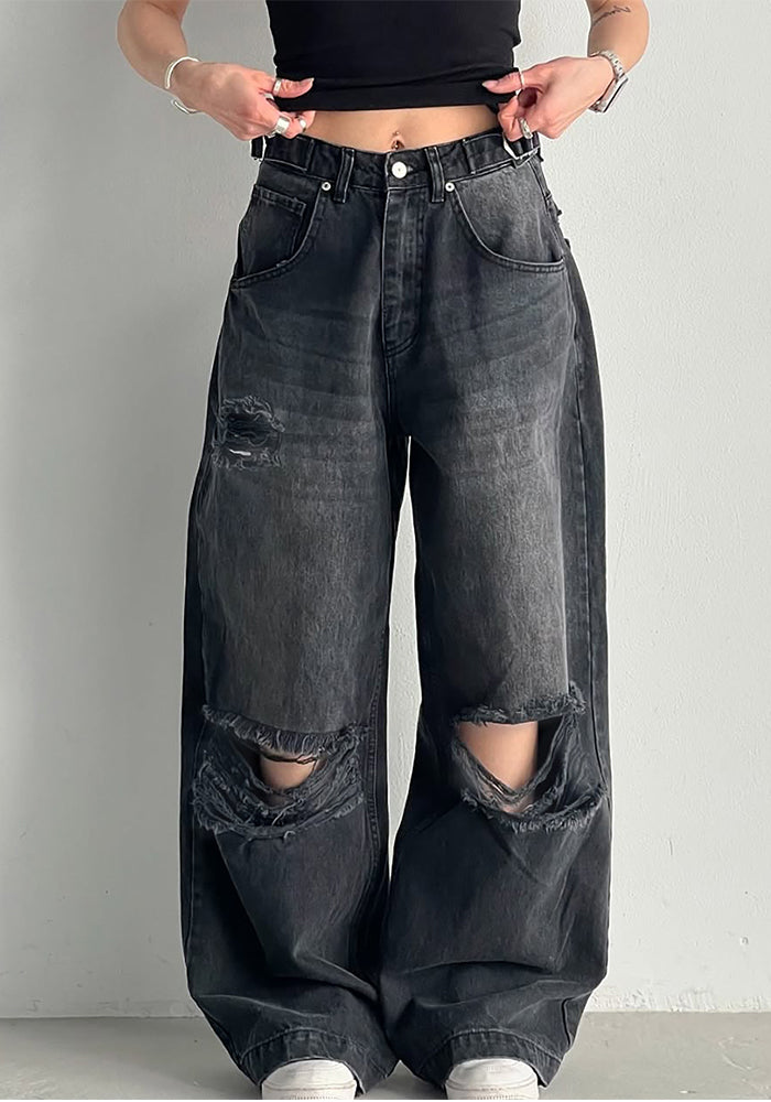 Women Ripped Waist Adjustable Denim Wide Leg Pants