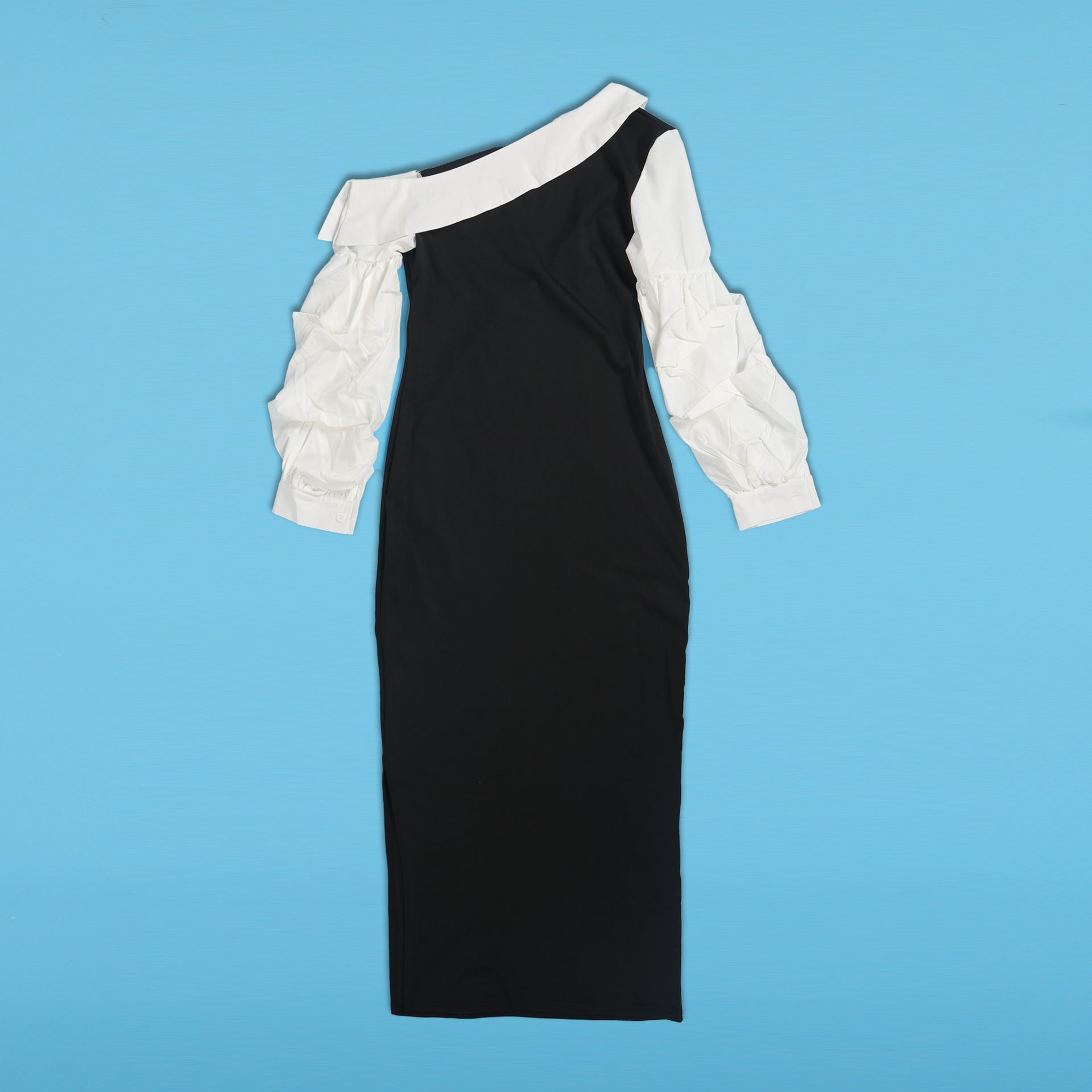 Women Contrast Slash Shoulder Stretch Bodycon Slit Balloon Sleeve Dress 20