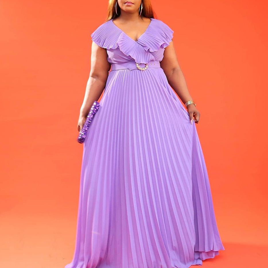 Women Summer Sexy Ruffled Pleated Maxi Dress with Belt 5