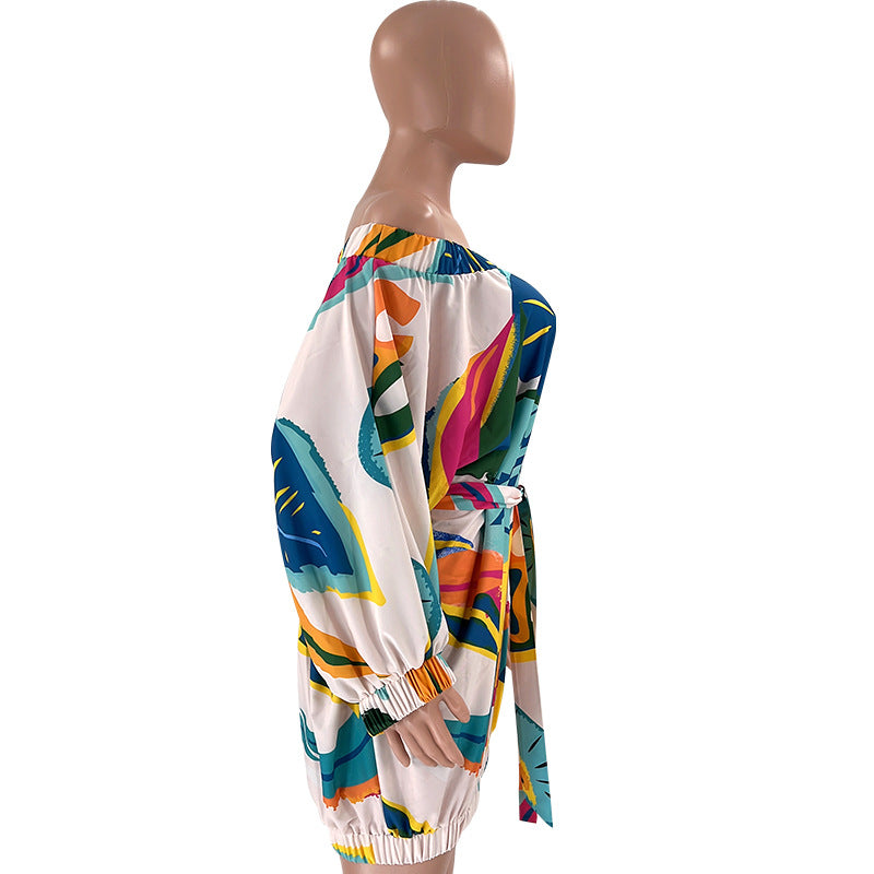 plus size off shoulder printed bat long sleeve loose dress 39