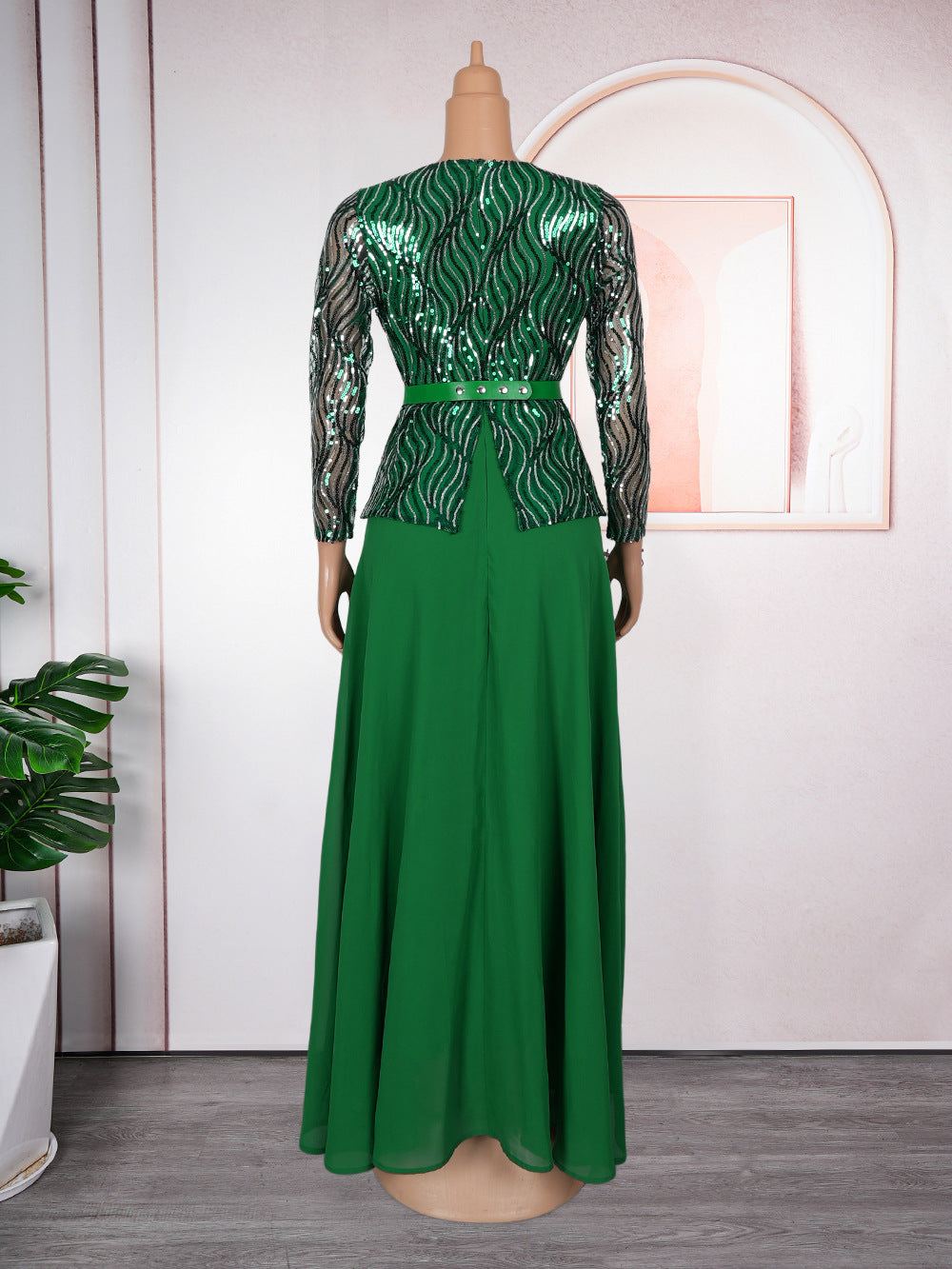 Sequin Formal Party Gown African Women's Plus Size Dress with Belt 14