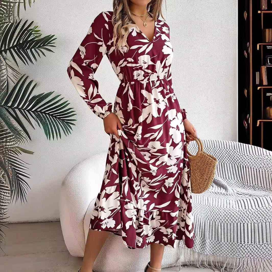 Autumn Winter Casual Flower Slim Waist Long Sleeve Women's Ruffle Midi Dress 6