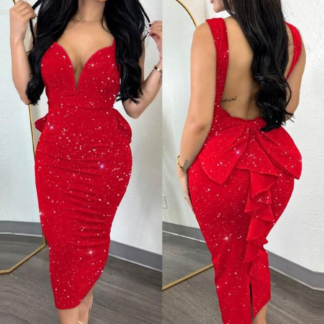 Chic Elegant Solid Color Low Back Deep V High Waist Bow Elastic Slit Bodycon Dress 6