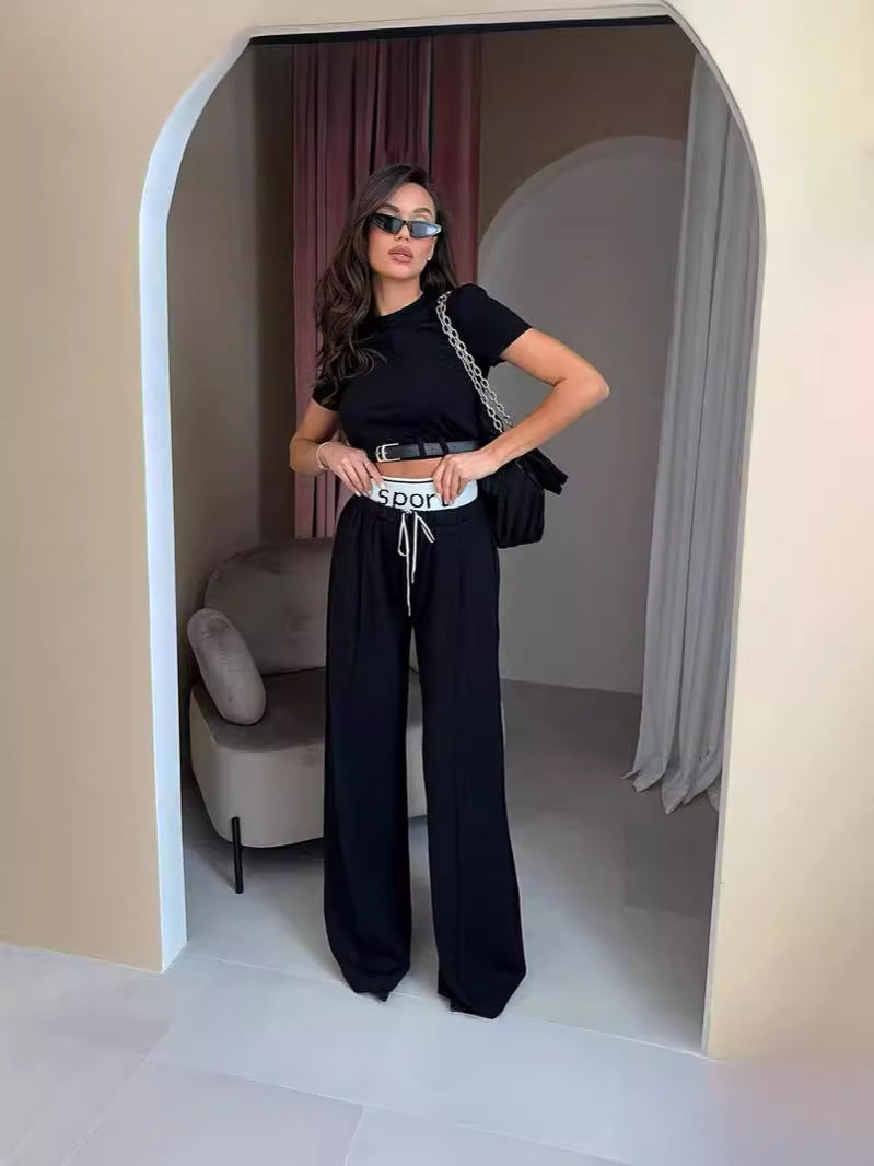 Fashion Short-Sleeved Women's Spring Crop Belt Decorative Top Wide Waist Sweatpants Two-Piece Set 7