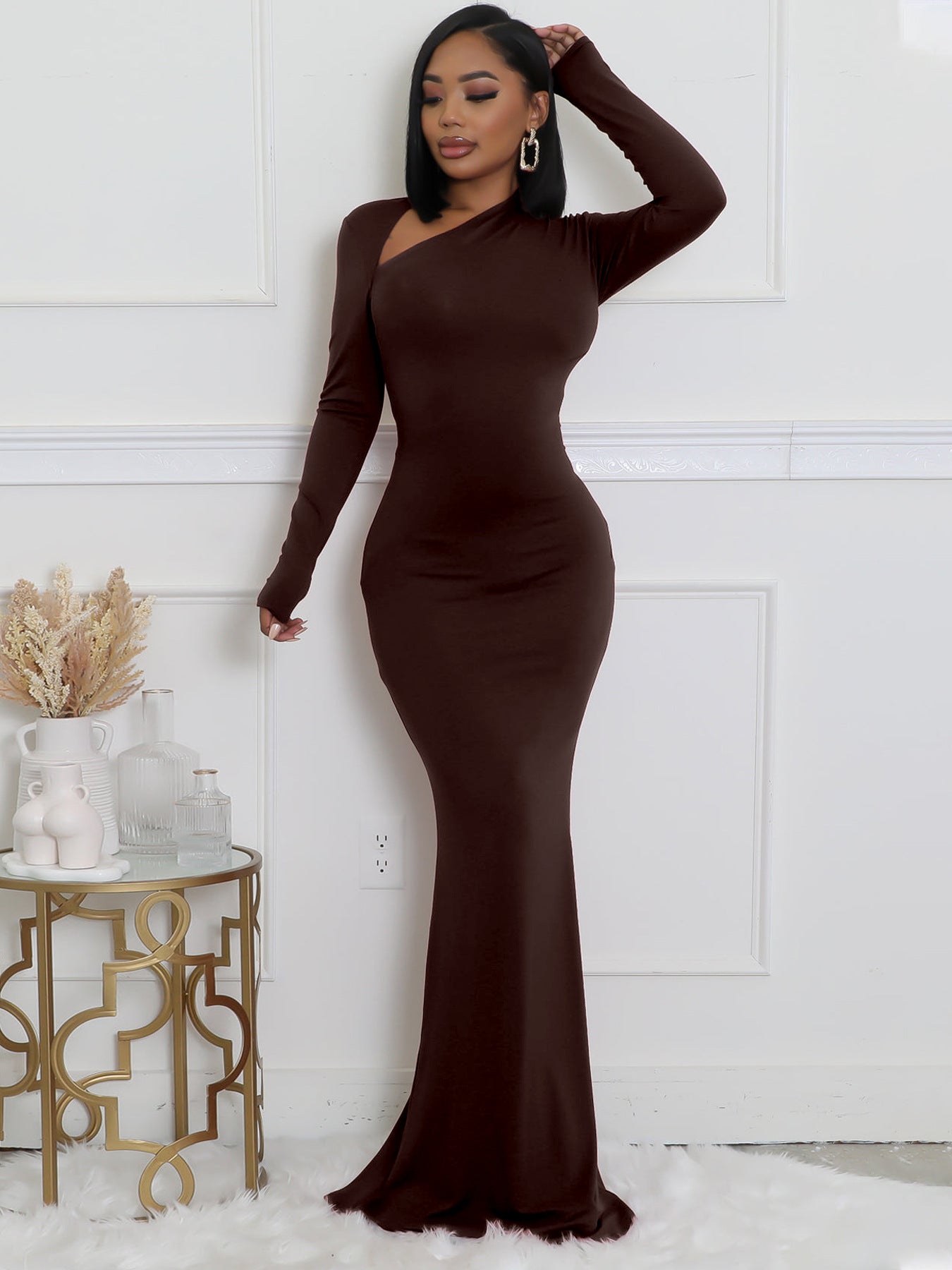 Women Solid Long-Sleeve Slash Shoulder Fishtail Bodycon Dress 4