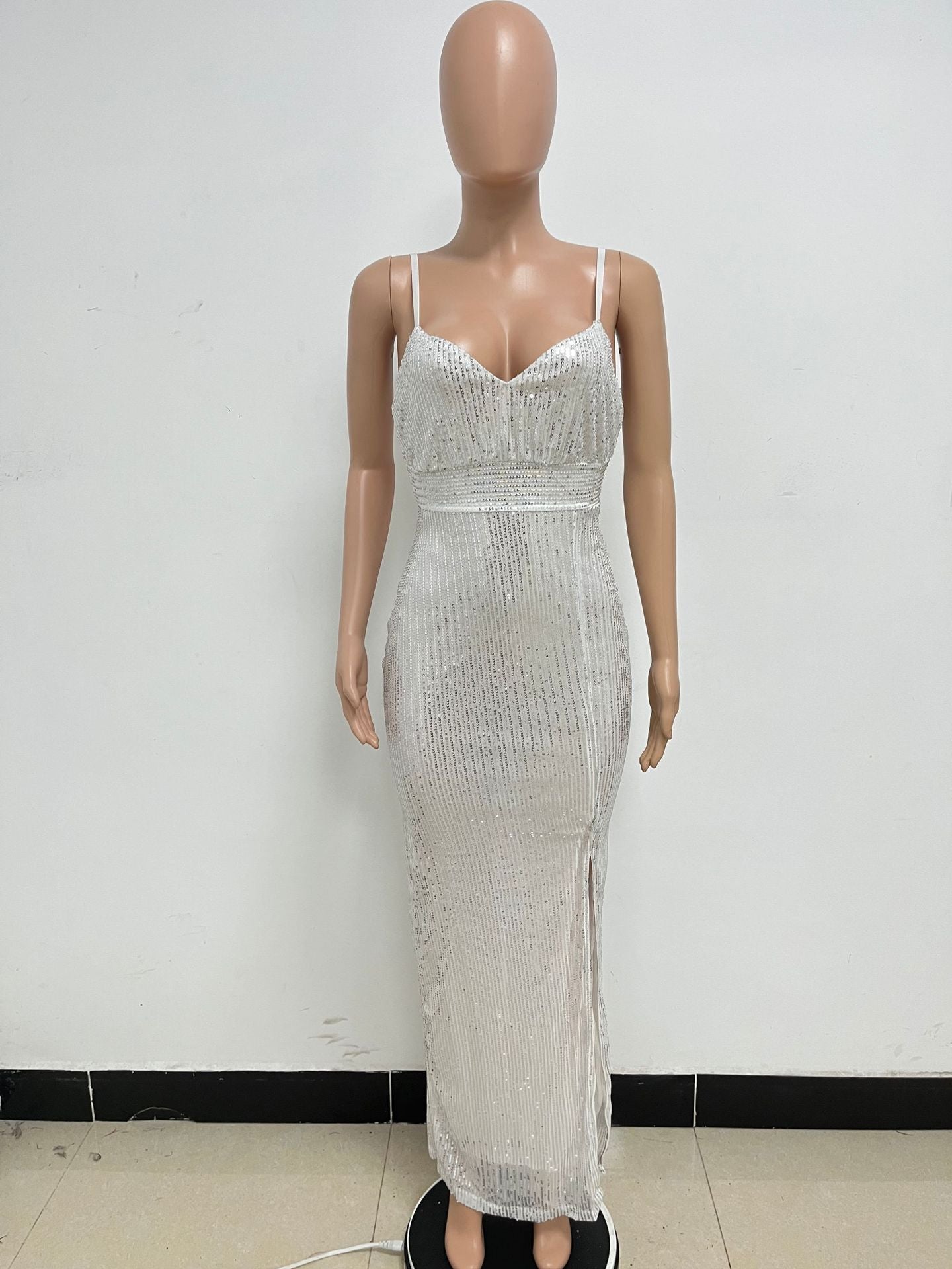 Women's Summer Slit Low Back Dress Sequined Sleeveless Suspender Dress 34