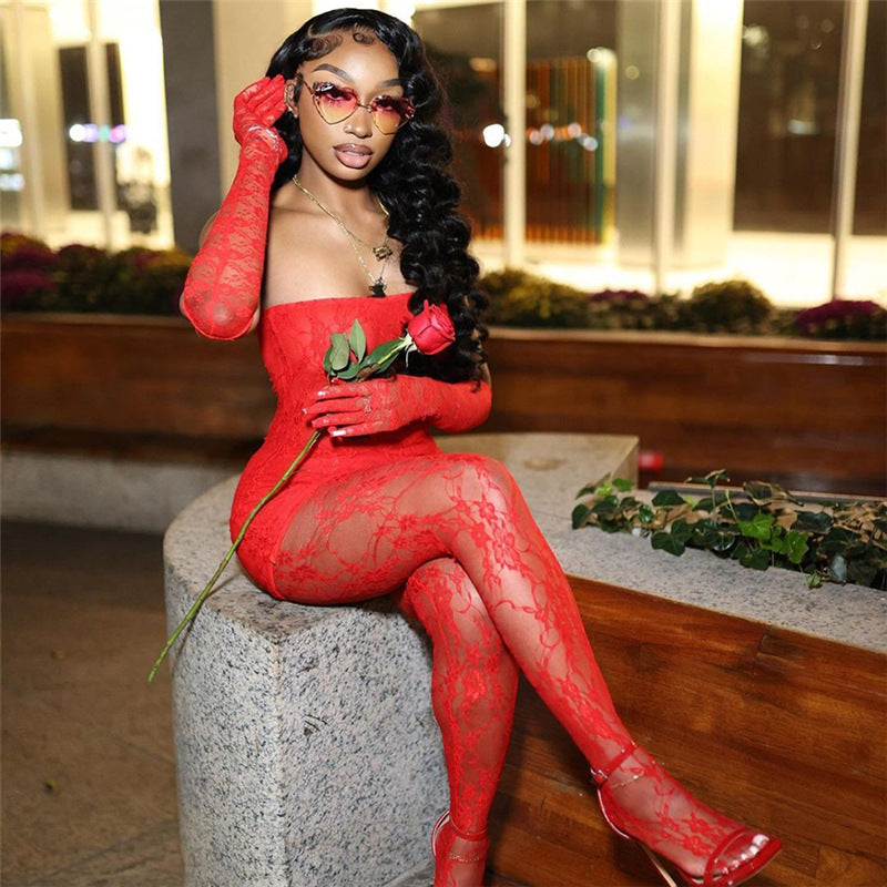 Women Sexy Lace Strapless Top Stockings Pants 2-piece Set 5