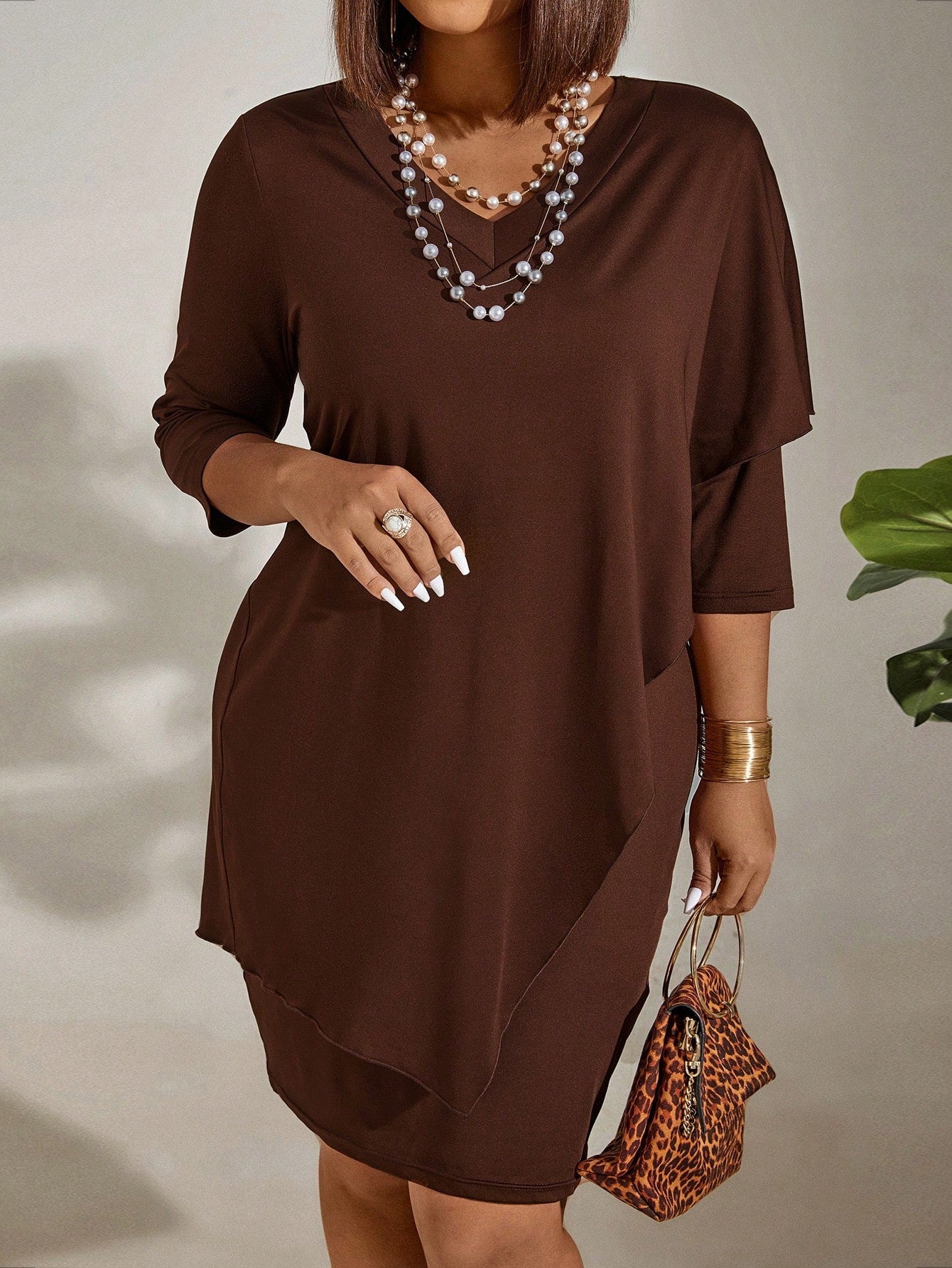 Plus Size Women V-neck Solid Irregular Dress