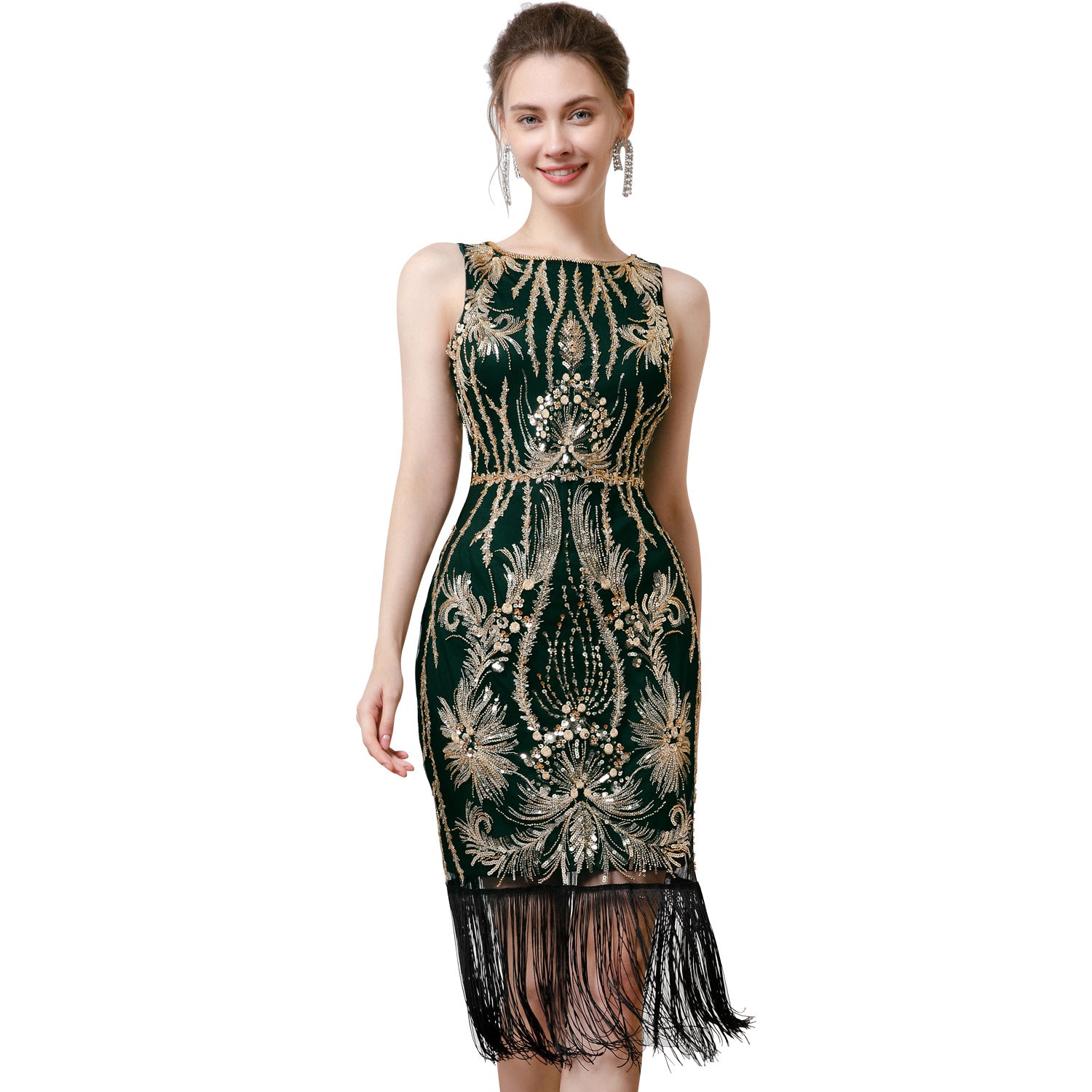 Retro  Bead Embroidered Sequins Deep V Low Back Evening Dress Sleeveless Tassel Party Dress 11