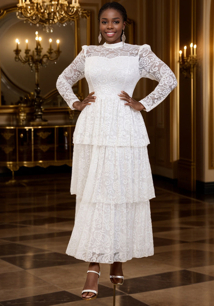 Women See-Through Sleeve Half High Neck Lace Formal Party Elegant Dresses