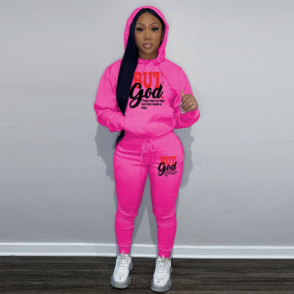 Women's Two-Piece Casual Printed Fleece Hoodie Pants Set 17