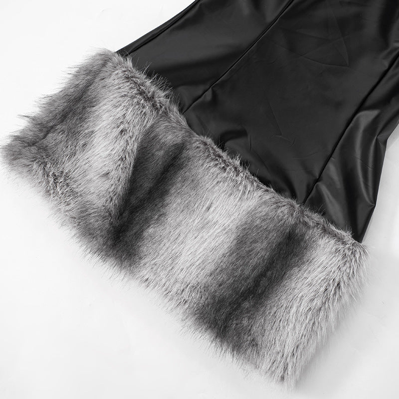 Women sexy Strapless Pu-Leather patchwork fur dress 6