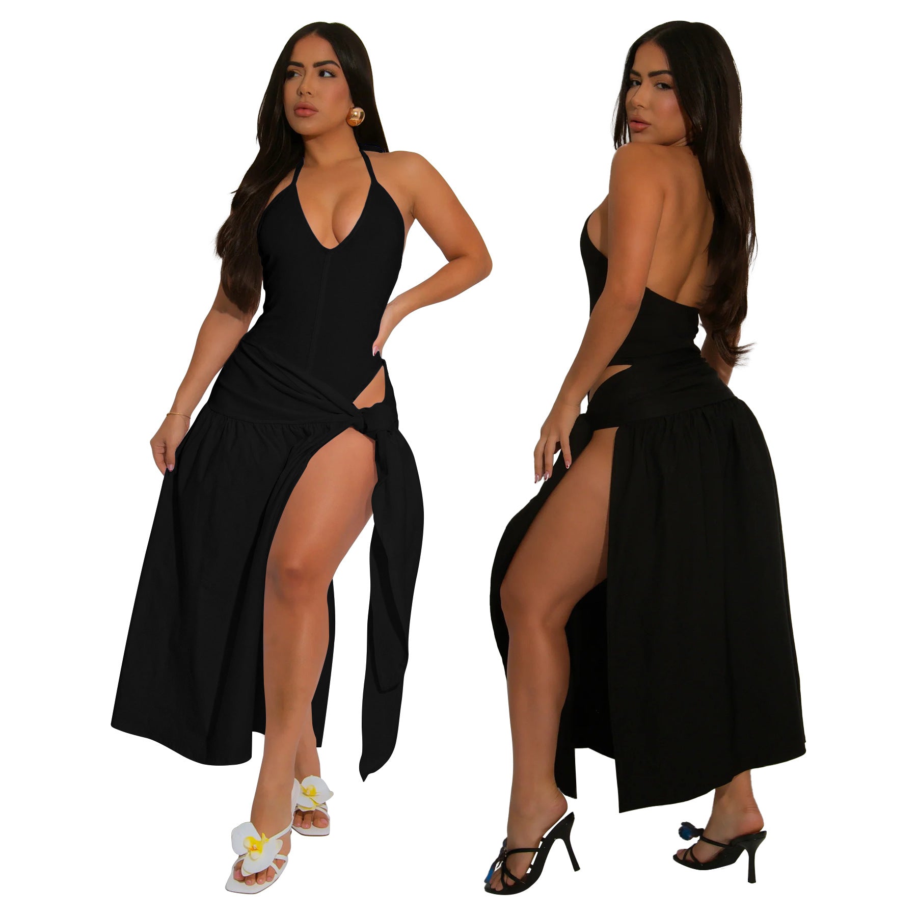 Women's Solid Color Lace-Up Sexy Slit Skirt Bodysuit Two Piece Set 5