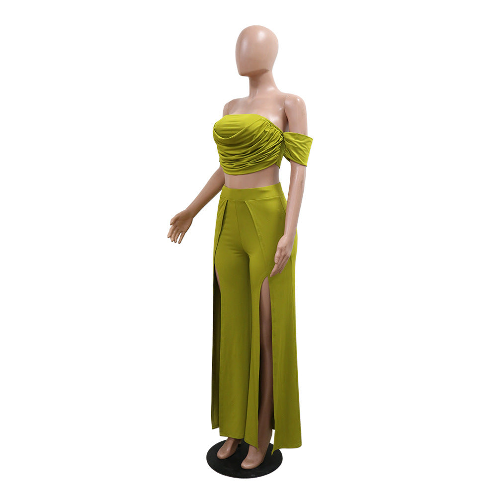 Women Strapless Top and Slit Wide Leg Pants Two-Piece Set 9