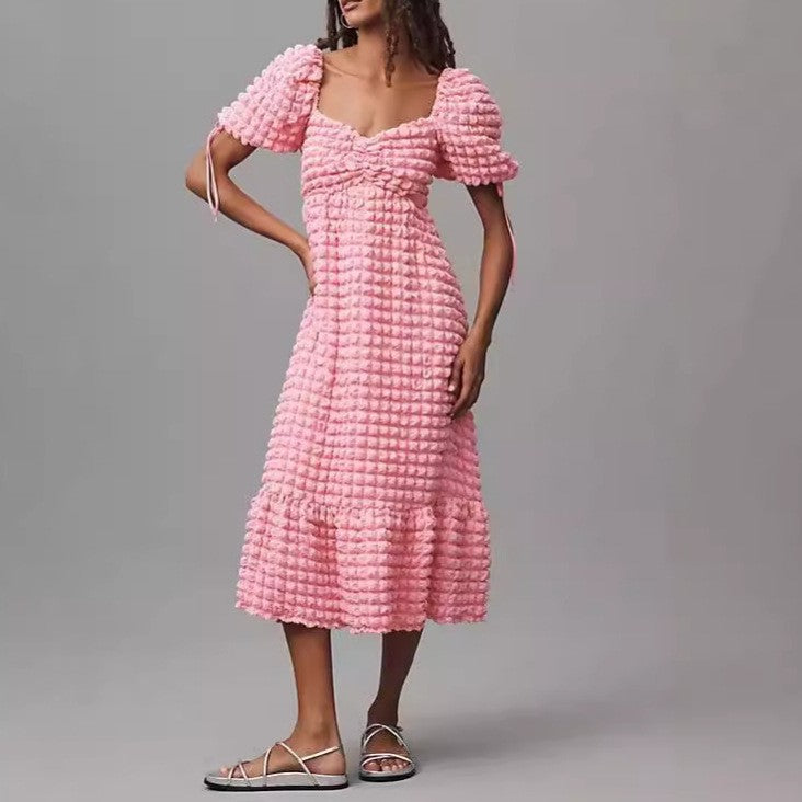 Women Bubble Elegant Short Sleeve French Lace Holidays Dress 16