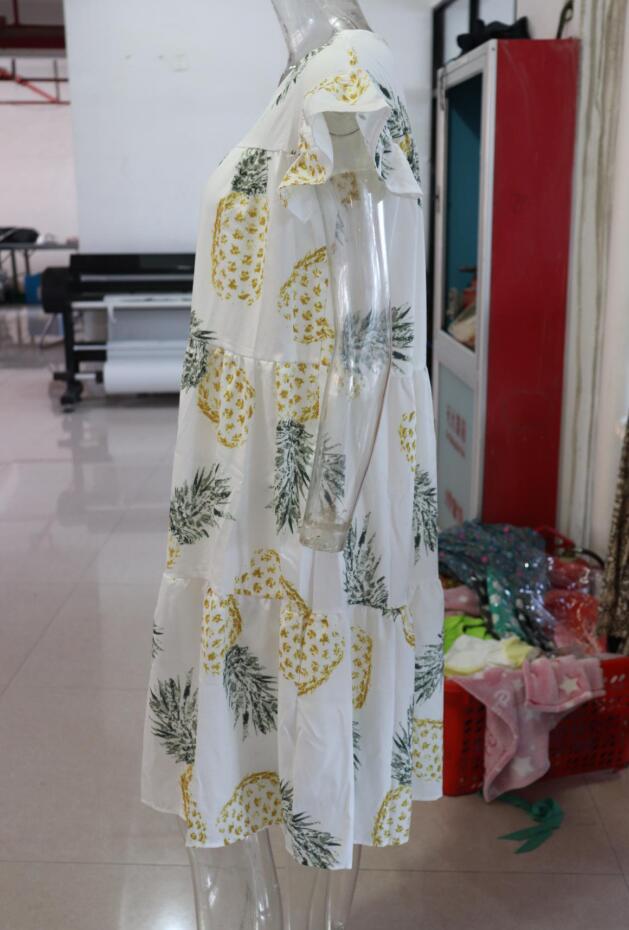 Plus Size Women Summer Dress Round Neck Pink Maple Leaf Casual Beach Dress 37