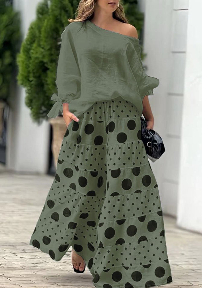 Women's Casual Slash Shoulder Top Printing Loose Pants Fashion 2-Piece Set