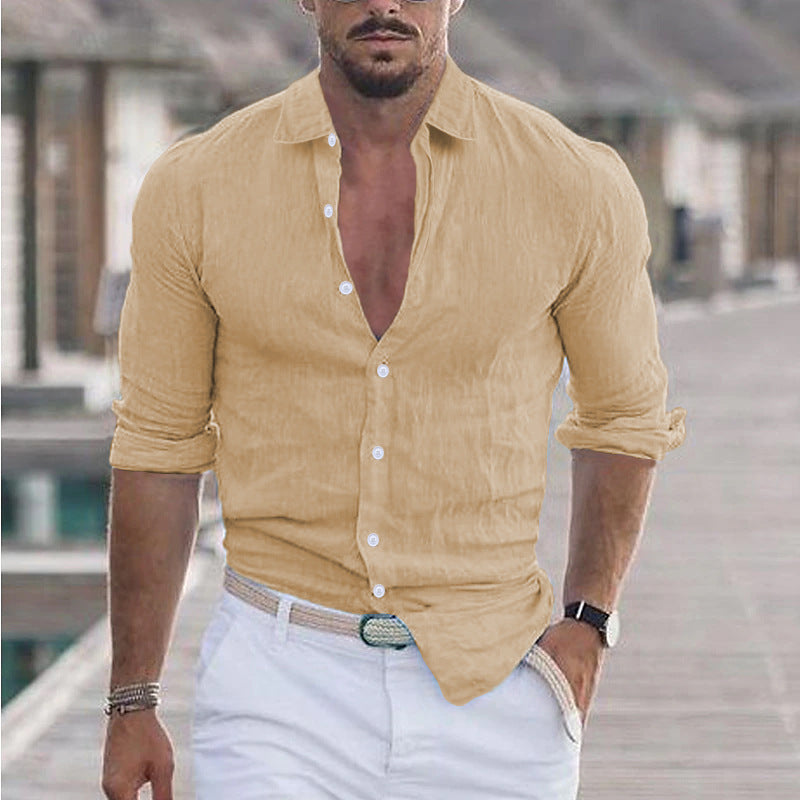 Men 's Summer Turndown Collar Long Sleeve Solid Color Beach Linen Shirt 7