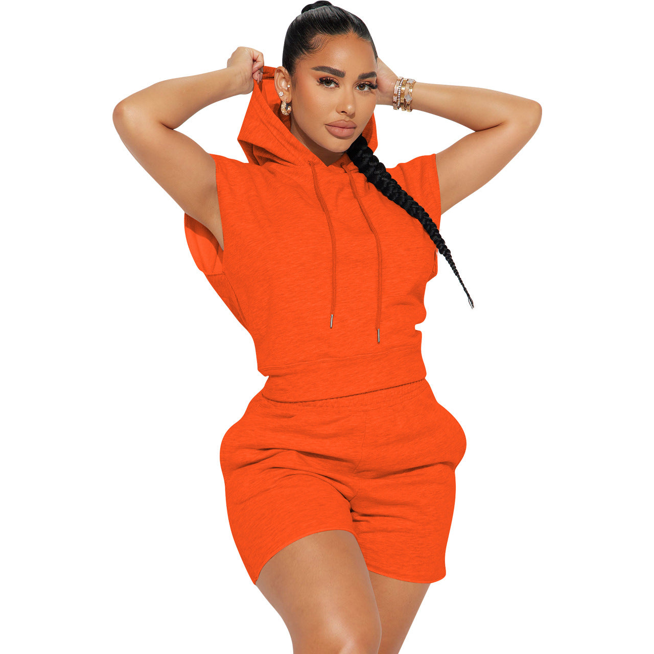 Women's Fashion Casual Sport Hooded Short Sleeve Two-Piece Shorts Set Women's Clothing 8