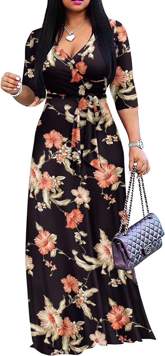 Casual Fashionable Flower Print V-Neck Half-Sleeve Swing Long Dress 10