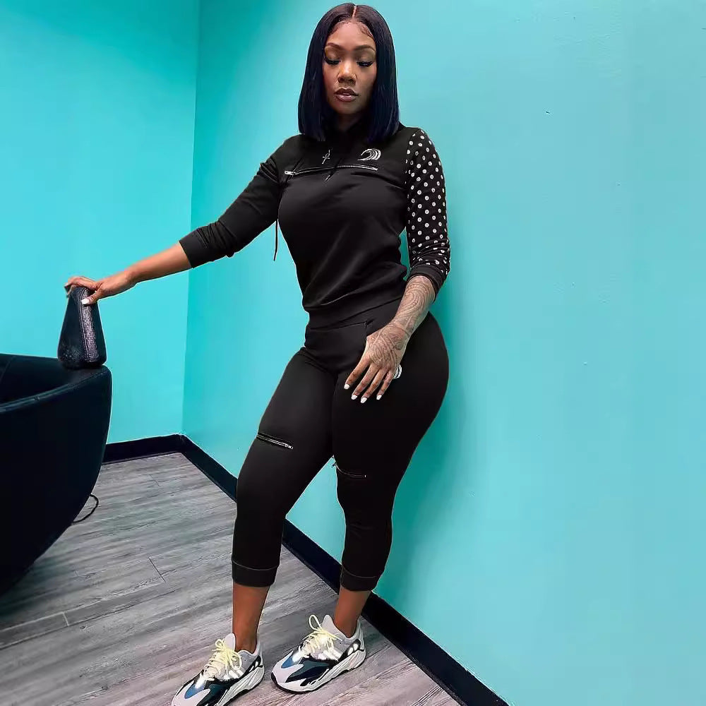 Women's Autumn Winter Fashion Zipper Polka Dot Patchwork Hooded Two-Piece Pants Set