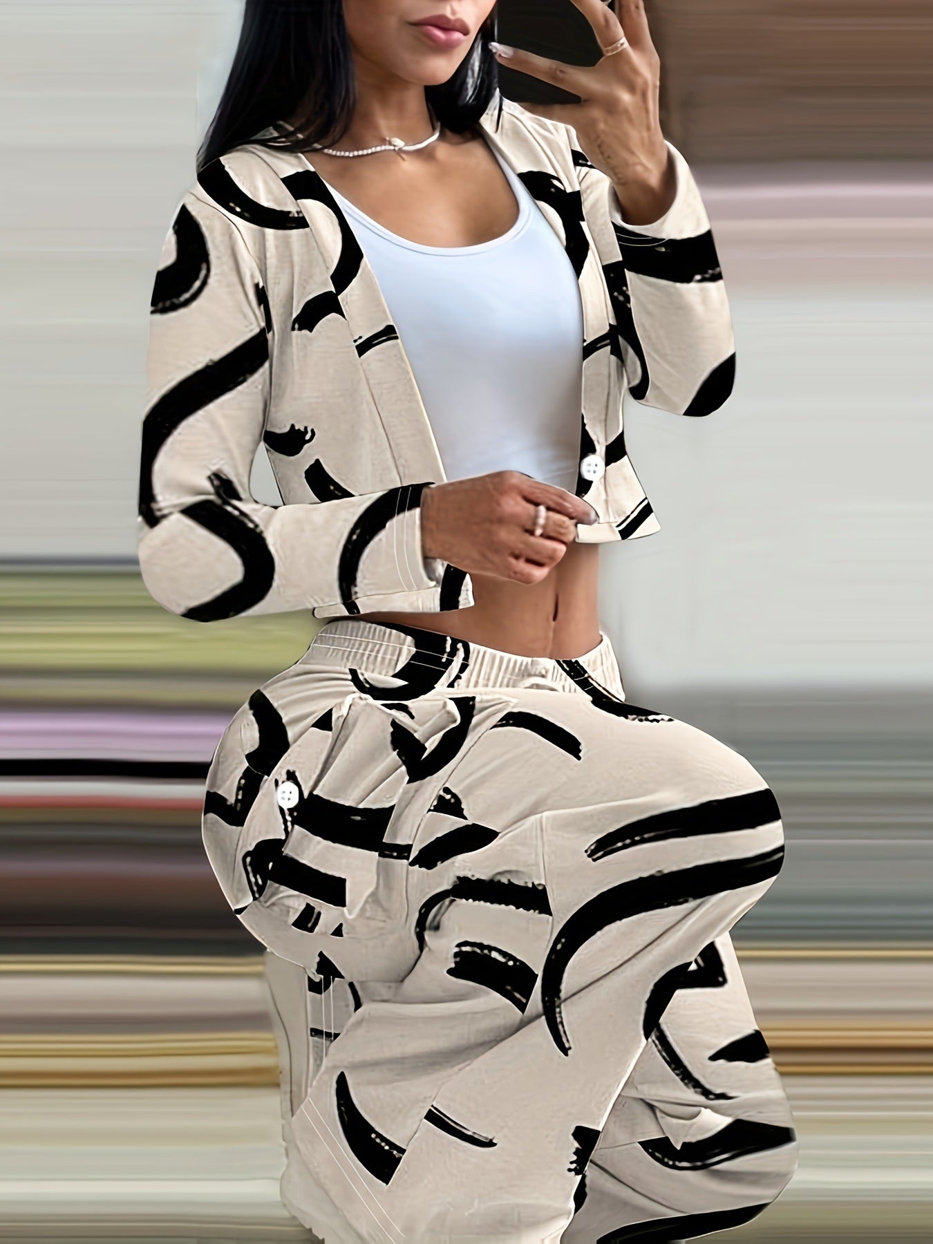 Women Autumn and Winter Geometric Line Print Casual Sexy Short Top and Pant Two-piece Set 8