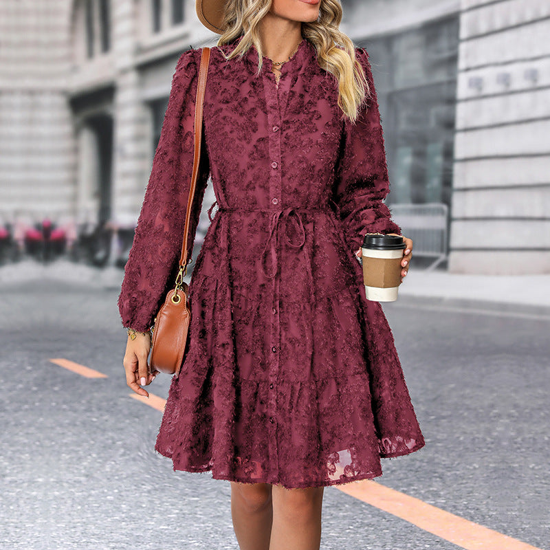 Women Long Sleeve See-Through Jacquard Dress 11