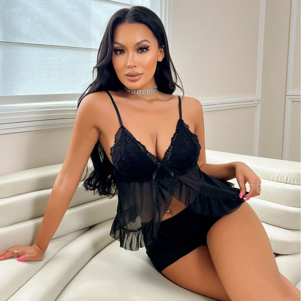 Solid Color Strap Pajama Shorts Set V-Neck Loungewear Set 6