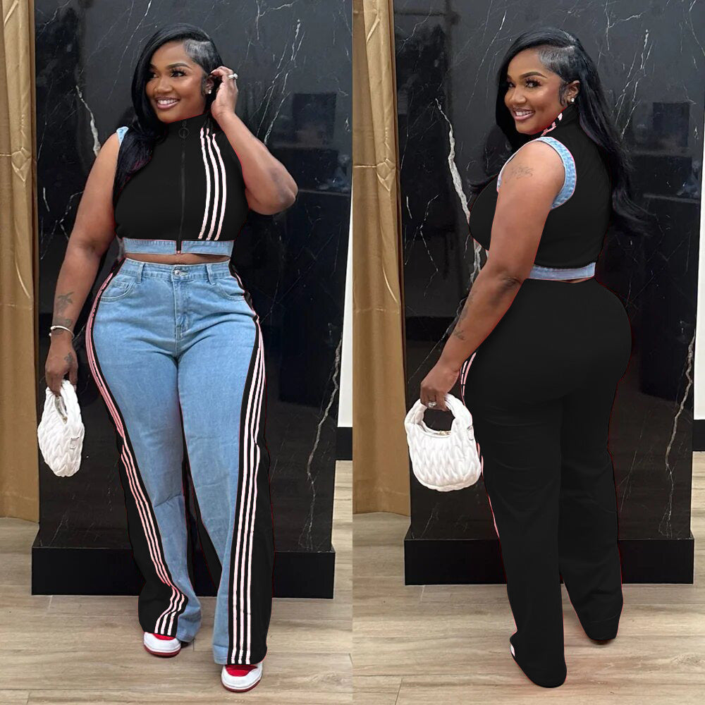 Women casual webbing patchwork top and denim wide-leg pants two-piece set 3