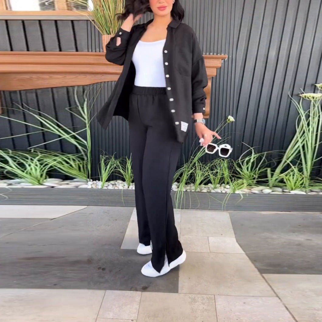 Plus Size Women loose long-sleeved shirt and slit wide-leg pants two-piece set 5