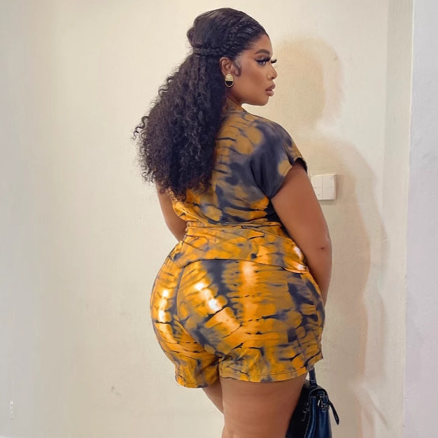 Women's Short Sleeve Turndown Collar Plus Size Print Shirt Casual Shorts African Fashion Loose Two-Piece Set 4