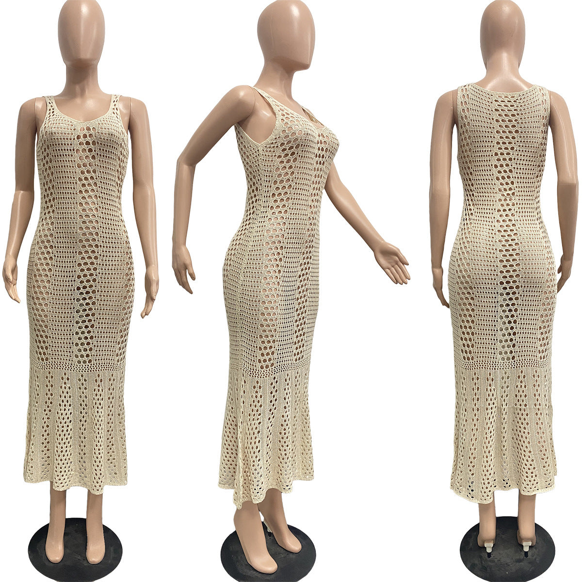 Women's Sexy Hollow Solid Color V-neck Knitting Sleeveless Mermaid Dress 13