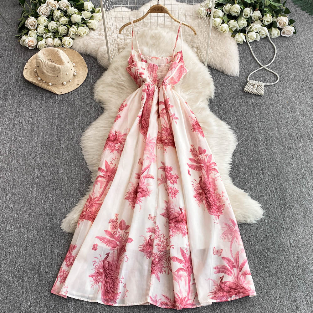Women's Summer Printed Strap Elegant Slim Waist Long Dress 14