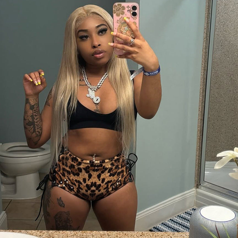 Women's Spring Leopard Hollow Cross Tie Low-Waist Sequin Casual Shorts 3