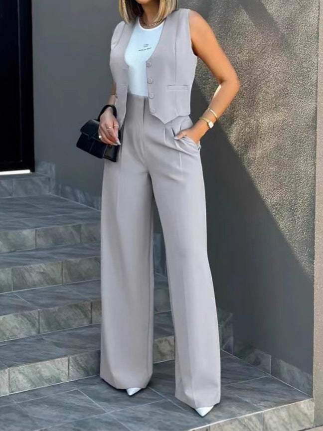 Women's Fashion Solid Color Suit Slim Vest Wide Leg Pants Casual Set 4