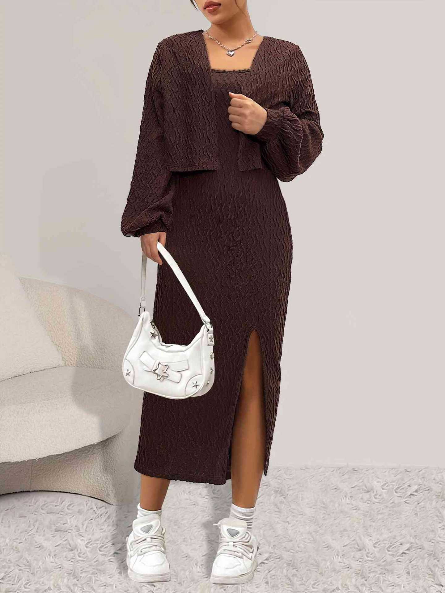 Women knitting braided suspender skirt and long-sleeved jacket two piece set 6