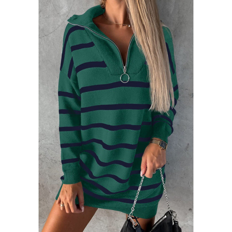 Women Autumn and Winter V-neck Long Sleeve Striped Loose Casual Knitting Sweater Dress 9