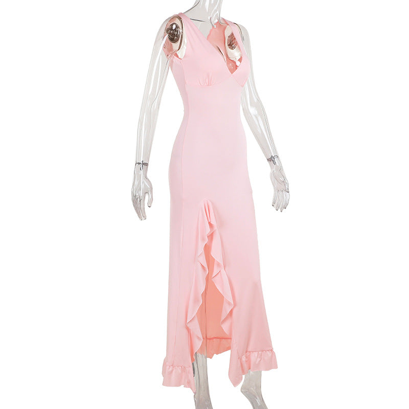 Women Spring Summer Sexy V-Neck Lotus Leaf Split Suspender Maxi Dress 15