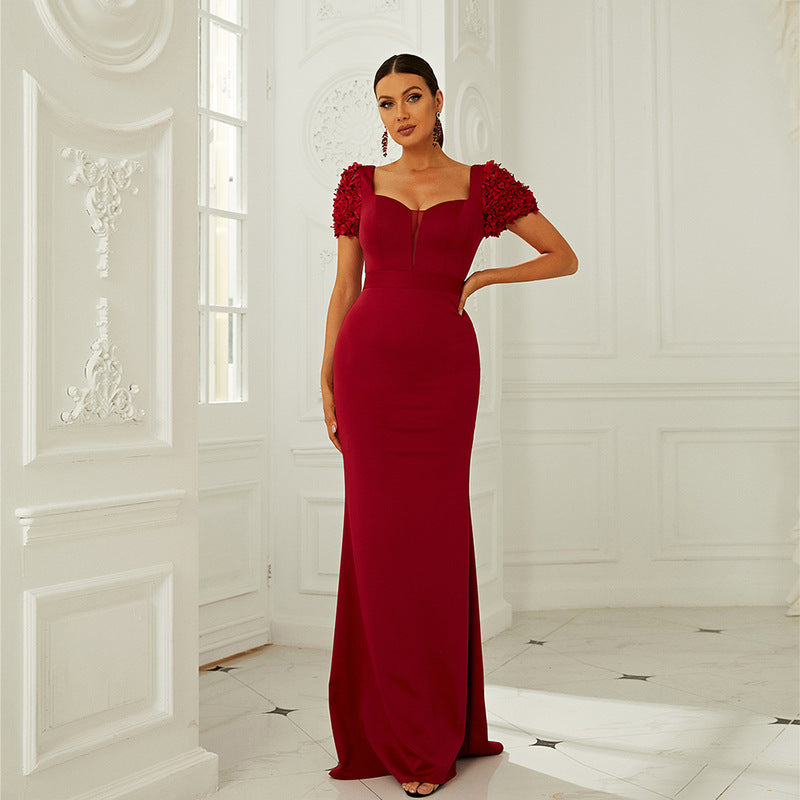 Women Short Sleeve Solid Evening Dress