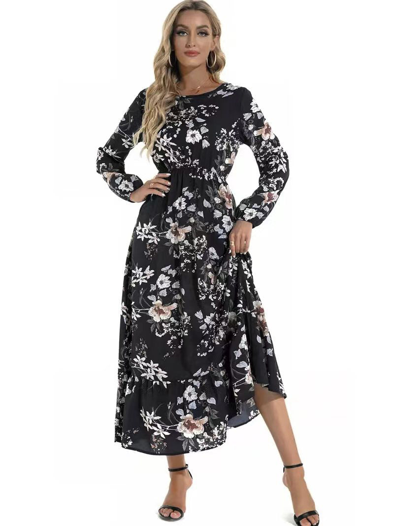 Women Long Sleeve Printed Round Neck Floral Dress 3