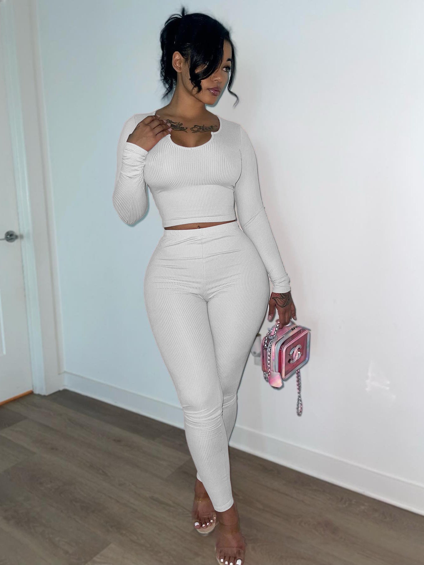 Women Autumn Rib Long Sleeve Top and Pants Two-piece Set 6