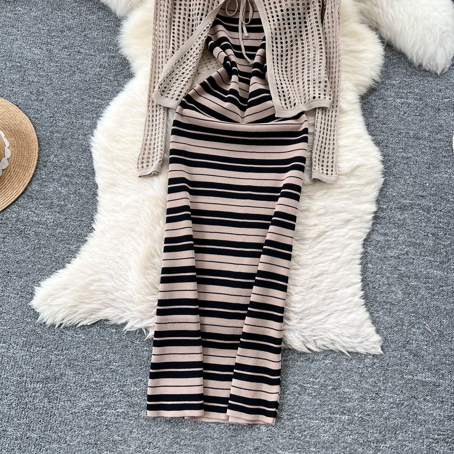 Tie Up Cardigan Low Back Strap Slim Fit Chic Stripes Knitting Dress 25
