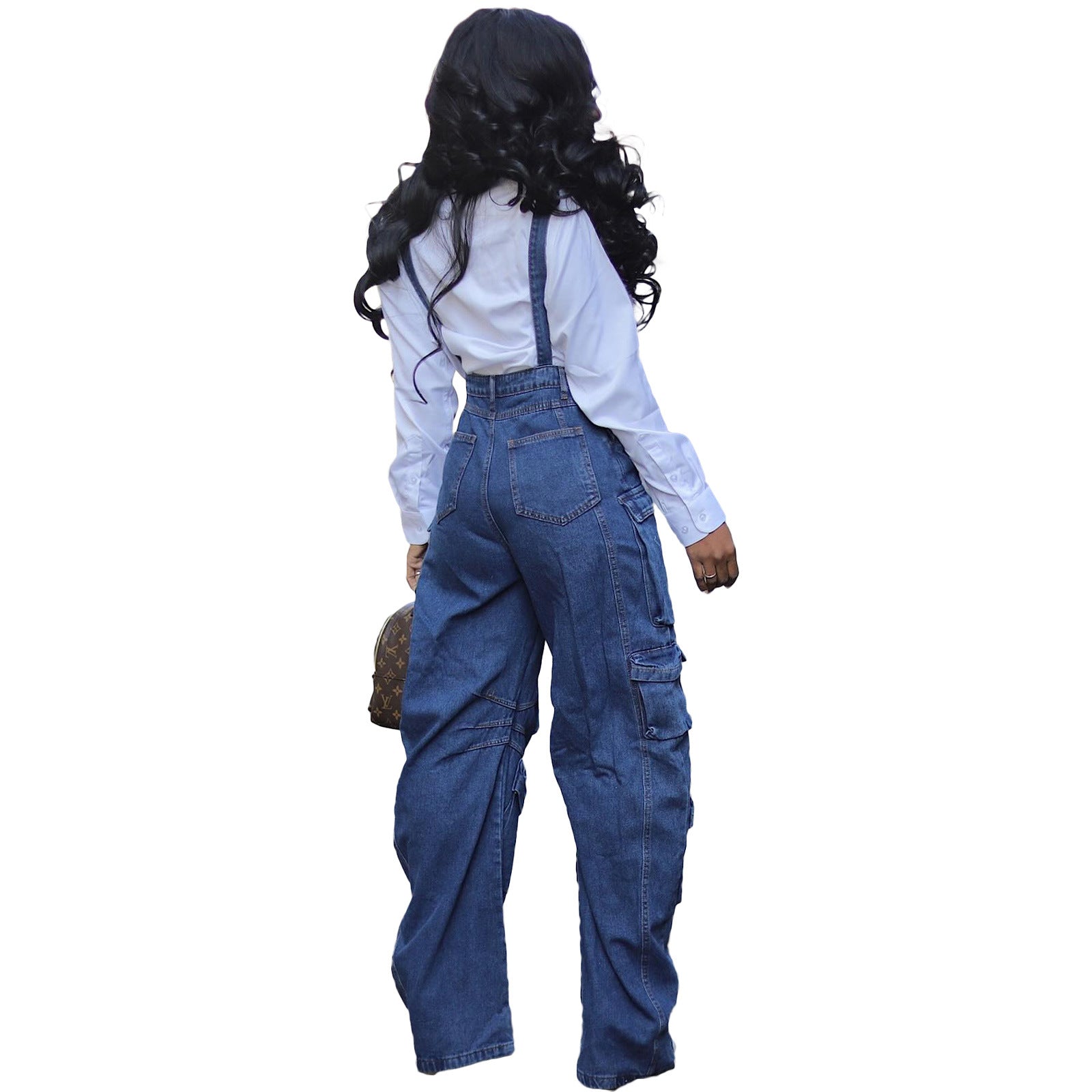 Women style washed Denim loose cargo overalls 12