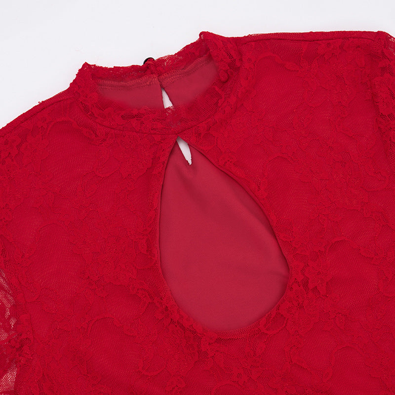 Autumn Women's Solid Color Lace-Up Sexy Lace Long Sleeve Ribbon Short Dress 17